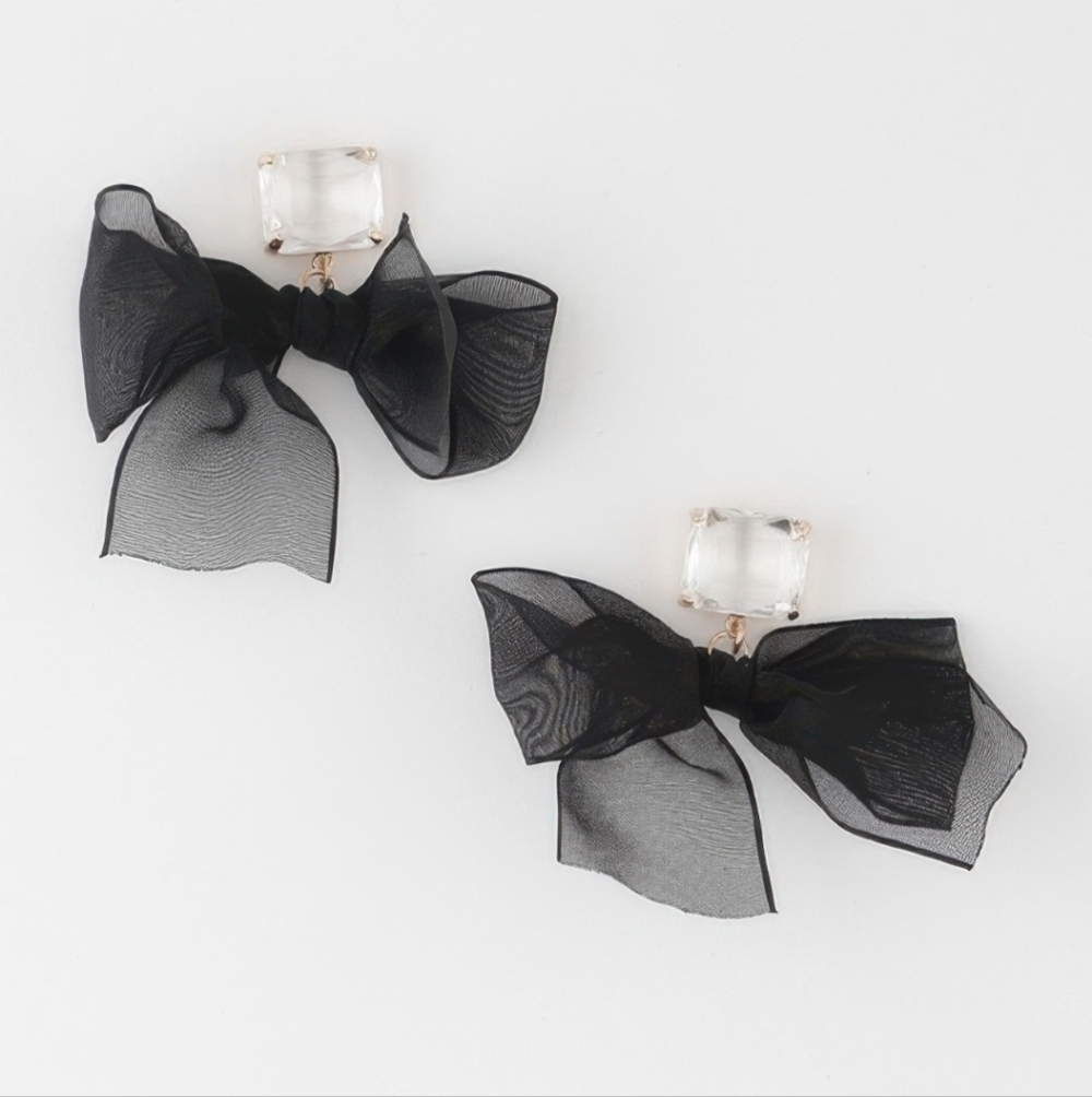 Black Bow Drop Statement Earrings with Crystal Accent